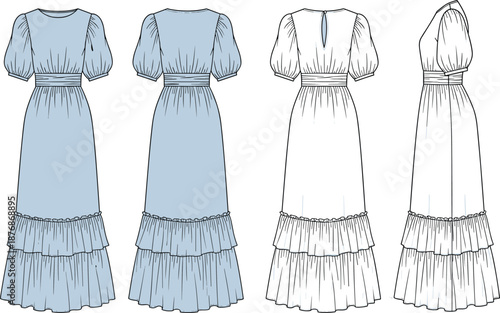 Women long dress technical fashion sketch front back side views cad drawing flat vector illustration ruffle maxi apparel template