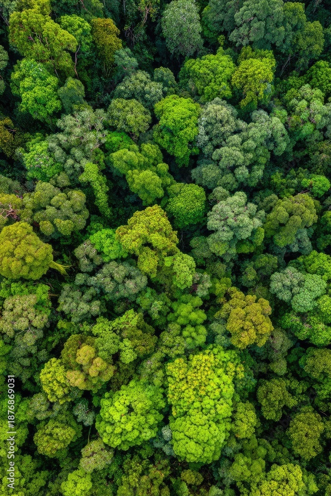 Fototapeta premium Aerial view of a lush tropical rainforest canopy with a mosaic of green treetops. Concept Aerial Perspective, Tropical Rainforest Canopy, Mosaic of Green Treetops, Lush Verdant Foliage