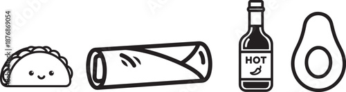 Taco burrito hot sauce and avocado food illustration