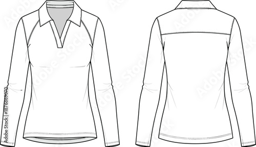 Women long sleeve polo shirt technical fashion template front back views cad drawing flat vector illustration for apparel design