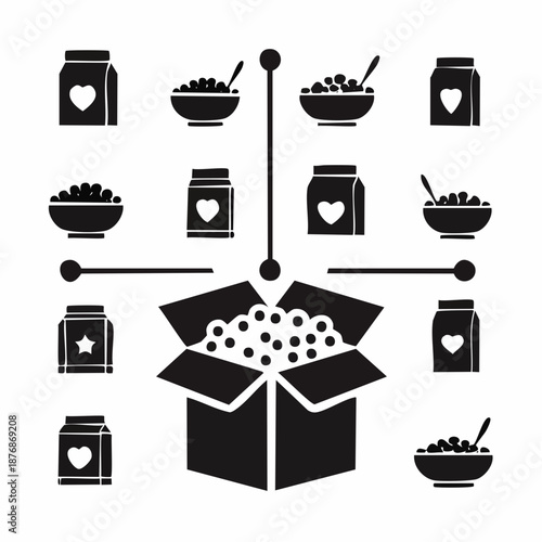 Cereal icons arranged around an open box filled with cereal pieces, depicting a food delivery or storage scene