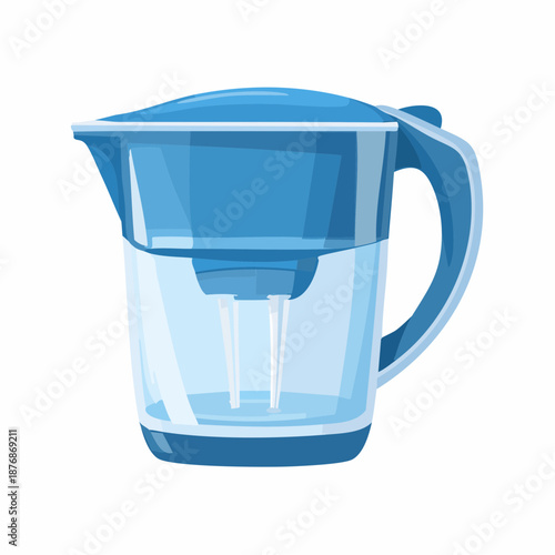A blue water filter pitcher with transparent container and handle, viewed from the front, containing filtered water and displaying a simple, modern design.