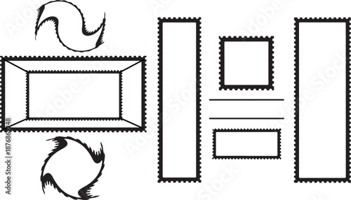 Blank postage stamp mockup collection in rectangle and square shapes. Empty stamp border frames and postal template designs.eps