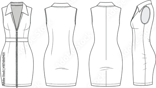 Women sleeveless fitted dress technical fashion CAD drawing with front back side views cad drawing flat vector illustration
