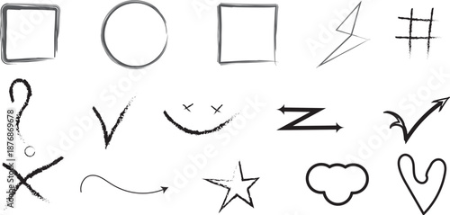 Collection of Hand Drawn Rough Sketch Design Elements Featuring Squares Circles Stars Question Marks and Abstract Decorative Symbols