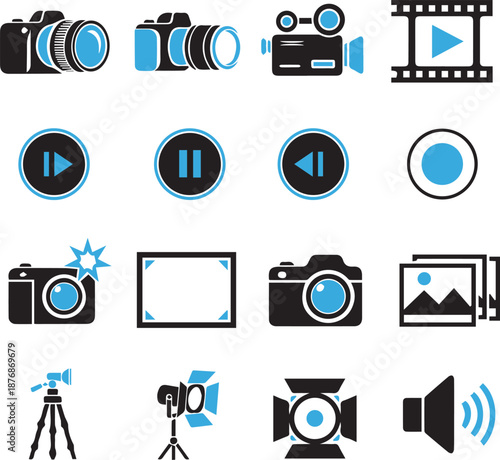 Photography and Video Production Icon Set – Multimedia Camera, Cinema, and Studio Equipment Vector Symbols