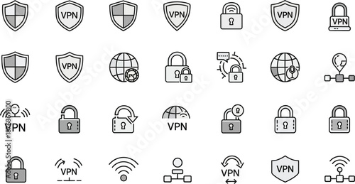 Collection of vpn and cybersecurity icons featuring shields locks and network symbols