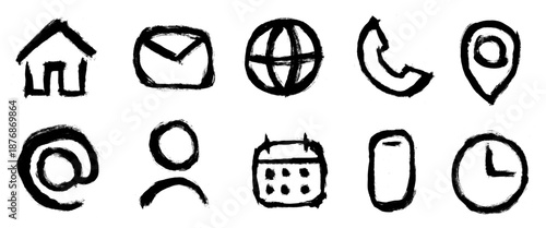 Basic Contact Icons Grunge Brush Stroke Drawing Vector Set