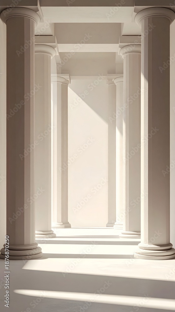 Fototapeta premium Architectural White Columns Hallway with Sunlight and Shadows Creates Perspective