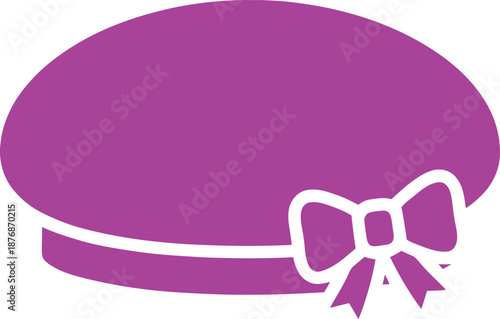 Purple french beret hat icon with cute ribbon bow for fashion accessory and stylish headwear design element symbol of artistic culture and feminine beauty clothing item isolated shape.