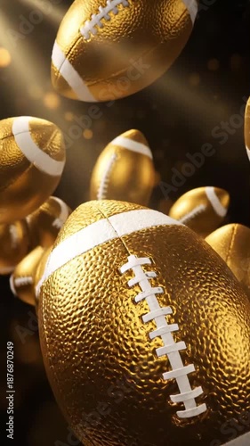 Golden American footballs floating in slow motion. Vertical video of 3D animated sports balls for a championship game. Victory and success concept