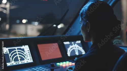 Female train driver operating a modern vehicle from the cockpit at night. Professional woman monitoring high-tech control panels and digital screens. Future of transportation and technology