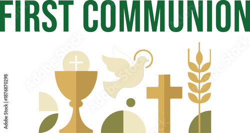 First communion religious banner with gold chalice host dove and cross for catholic sacrament celebration and holy eucharist christian faith symbol of spirituality church worship event.