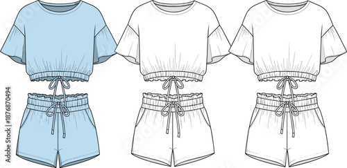 Women two piece loungewear set technical fashion sketch cad drawing flat vector illustration crop top shorts apparel design
