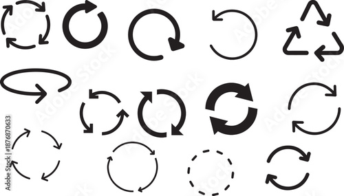 Set of Circular Rotation Arrows, Recycle Symbols, and Refresh Icons for Web Design and Interface.