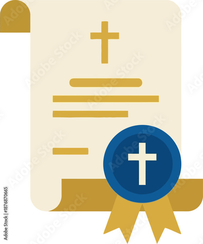 Religious parchment scroll certificate with golden cross and lines sealed with blue wax stamp ribbon for catholic baptism marriage or first holy communion church document award paper.