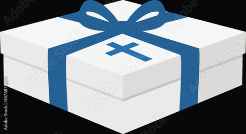 White gift box with blue ribbon and christian cross symbol for religious holiday celebration present or catholic baptism christening first holy communion surprise package for baby boy.