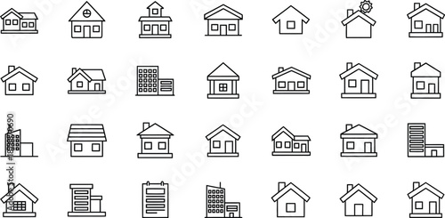 A collection of 20 simple black and white house and building icons