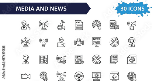 Media and news icons set with 30 illustrations