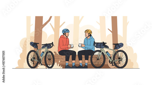 Couple Taking A Break During Bike Trip Enjoying Warm Beverages In Forest