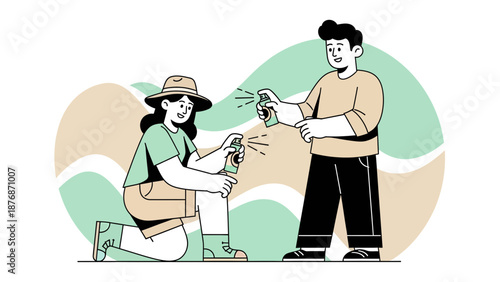 Couple Spraying Insect Repellent Outdoors Preparing for Adventure Travel