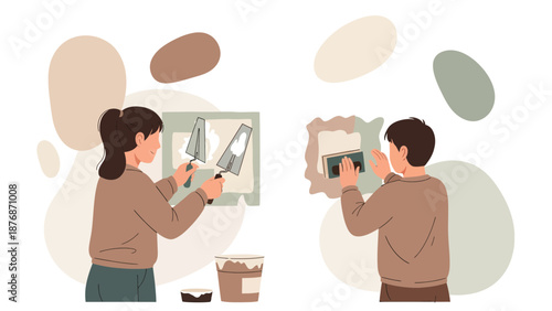 Couple Repairing Wall Together With Spatulas And Sanding Block In Modern Home Decor