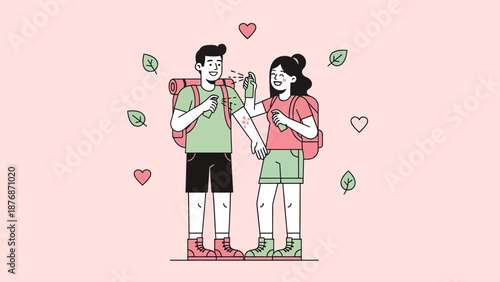 Couple Using Insect Repellent Spray While Hiking Enjoying Outdoor Adventure Together
