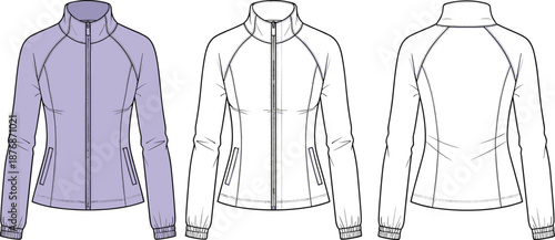 Women zip-up jacket technical fashion flat with front back views, athletic outerwear template for apparel design cad drawing flat vector illustration