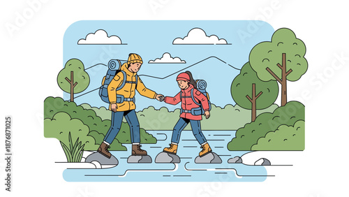 Couple Trekking Adventure In Nature Helping Each Other Over River Stepping Stones