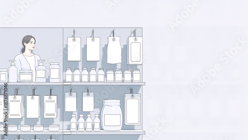 A saleswoman in an open sales shop standing next to merchandise shelves