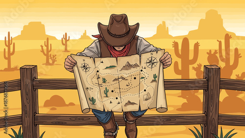 Cowboy Looks At A Treasure Map On A Wooden Fence In The Desert