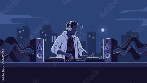 Creative Nightlife Dj Mixing Electronic Music In A Modern Cityscape Background