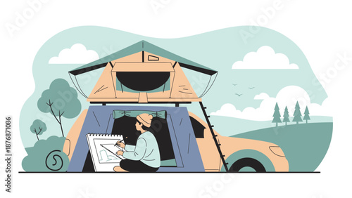 Creative Nomad: Woman Sketching by Rooftop Tent Amidst Tranquil Landscape