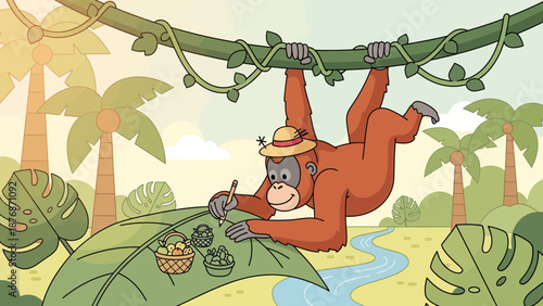 Creative Orangutan Wearing Hat Hangs From Vine And Writes On Leaf In Jungle