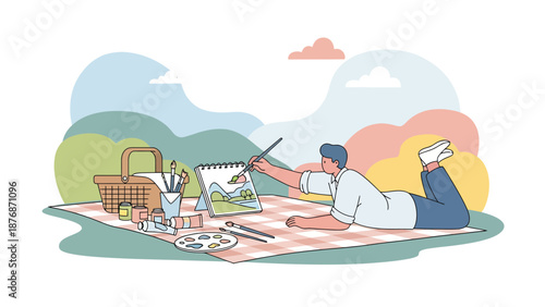 Creative Outing Young Man Painting Landscape on A Picnic Blanket Outdoors