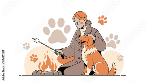 Cozy Camping Scene Featuring Woman, Dog And Marshmallow Over Bonfire Illustration