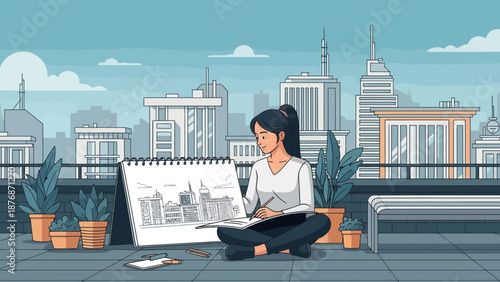 Creative Woman Drawing Cityscape On Rooftop With Plants And Urban Panorama