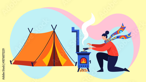 Cozy Camping Trip With Tent And Woman Keeping Warm By The Stove