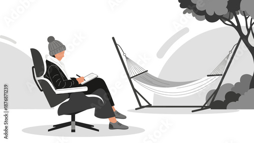 Creative Workspace Young Woman Writing In Her Digital Tablet Beside A Hammock