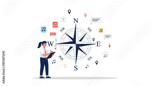 Creative Woman Planning Journey With A Compass And Social Media Icons Around