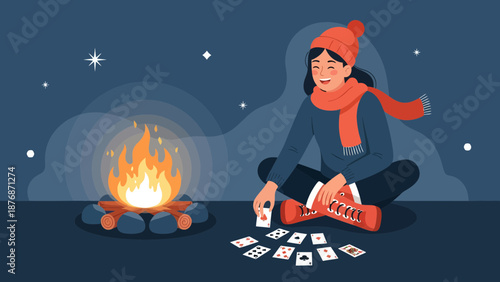 Cozy Evening By Fire Playing Cards Winter Night Outdoor Recreation Concept