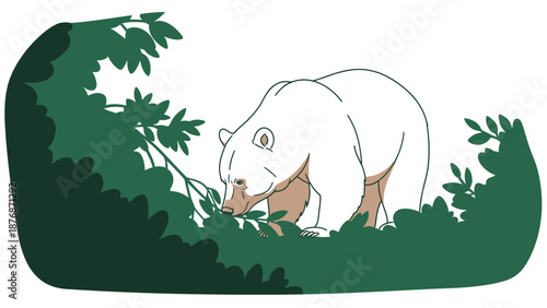 Curious Bear Foraging Through Foliage In A Forest Environment Illustration