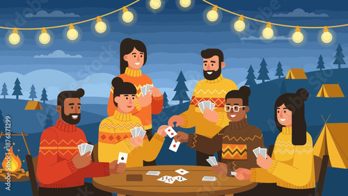 Cozy Evening Card Game During A Camping Trip With Friends Illustration