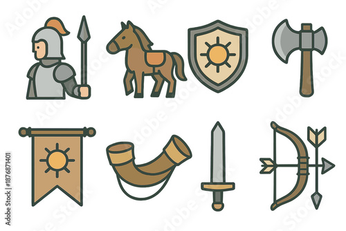 Medieval linear icons set. featuring knight, horse, shield, axe, banner, horn, sword, and bow symbols