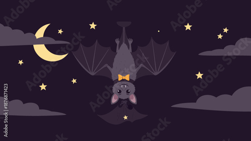 Cute Bat In Night Sky With Moon And Stars For Halloween Vector Design