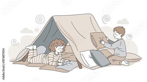 Cozy Indoor Camping Adventure With Siblings Playing Inside A Pillow Fort