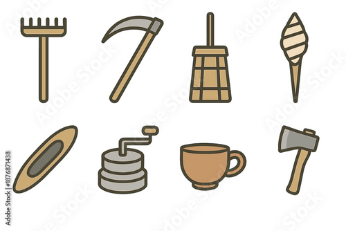 Farming equipment flat icon set. featuring rake, sickle, broom, scythe, canoe, grinder, mug, axe