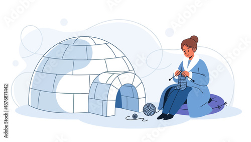 Cozy Knitting Retreat Woman Knitting Next To Igloo On Cold Winter Day