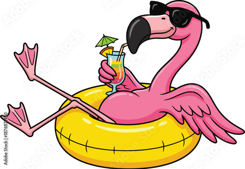 Relaxed cartoon flamingo lounging on inflatable ring with cocktail drink, summer vacation bird character illustration for beach, holiday, travel, and tropical fun designs