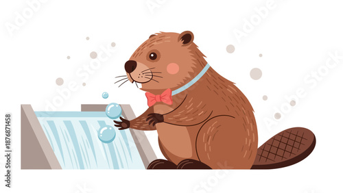Cute Beaver Plays With Water Cartoon Illustration For Children Decoration